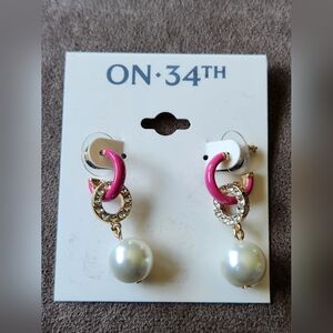 On 34th Faux Pearl Hoop Dangle Earrings Pink NWT